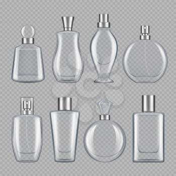 Perfumes for male and female. Various bottles of perfume. Bottle glass container for perfume, various fragrance collection illustration
