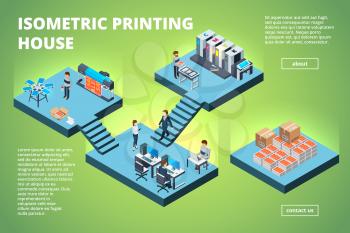 Printing house building. Industrial print production office interior inkjet offset publishing machines copier printer vector isometric. Illustration of processing multifunction printout printer