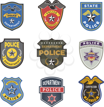 Police badges. Security signs and symbols government department officer law enforcement vector logotypes. Illustration of security officer, sheriff and cop, federal detectives