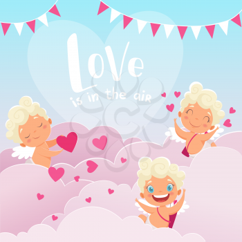 Cupid clouds background. Valentine day baby amur romantic greece god with bow flying clouds hunting lovers couples vector illustration. Cupid love angel, amur romantic