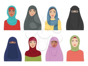 Muslim girls avatars. Islamic fashion for women iranian turkish and arabic headscarf hidjab in various types. Vector flat arabic female. Illustration of muslim dress, headgear and headdress