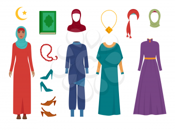 Arab women clothes. National islamic fashion female wardrobe items headscarf hijab dress iranian muslims turkish girls vector pictures. Traditional muslim dress, headgear and headdress illustration
