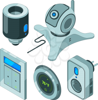 Smart home tools. Various electrical web equipment for house security camcorder movement sensors hub electrical vector isometric. Sencor device for home, camera and thermometer illustration
