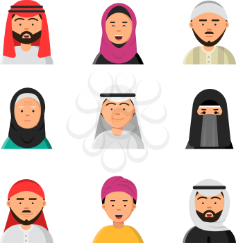 Arab avatars. Islam muslim portraits of male and female hijab niqab vector flat icons for web. Muslim portrait avatar, arab male and female illustration