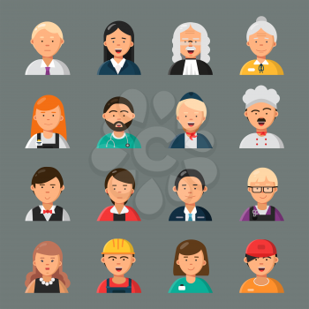 Professions avatars. Businessman doctor teacher hairdresser cook occupation workers group colleagues vector portraits flat style. Waiter and nurse, professional teacher and hairdresser illustration