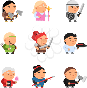 Game fantasy characters. Computer 2d gaming fairy tale mascot sprite cartoons knight soldiers elf rpg shooter vector. Illustration of character cartoon game knight and magician