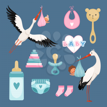 Newborn icons set. Cute items for kids dresses flowers toys toddler flying stork with baby vector colored items. Illustration of baby girl and boy, newborn arrival