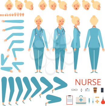 Nurse animation character. Hospital female doctor body parts and professional items vector mascot creation kit. Nurse and medical character, medicine animation profession illustration