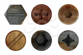 Old rusty bolts screw. Hardware rust metal texture for different iron tools. Vector realistic pictures screw bolt top, iron rusty head fix illustration
