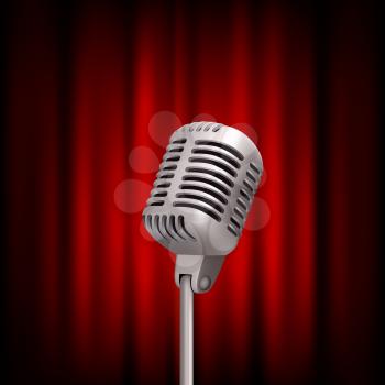 Retro microphone on stage. Professional stand up theatre red curtain broadcast mic vector vintage concept. Illustration of mike and voice, recor and broadcast