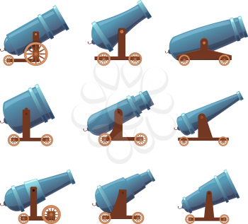 Cannon retro guns. Military pirate aggression artillery heavy medieval fight weapons vector cartoon set isolated. Illustration of cannon weapon, gun vintage with wheel
