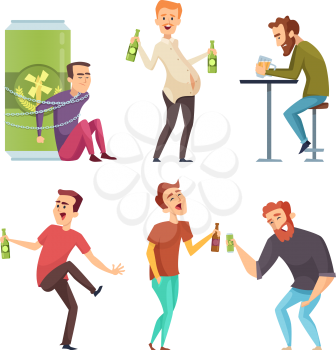 Alcoholic character. Abuse and addicted man drugs and booze vector cartoon illustrations. Alcoholism with bottle beer, addiction alcohol