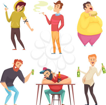Addicted lifestyle. Alcoholism drugs and addiction from unhealthy habits vector cartoon characters in action poses. Alcohol addiction drug and alcoholic drink illustration