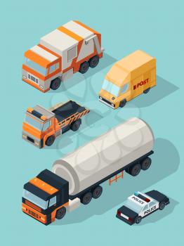 Urban vehicle isometric. Transportation city cars gas service fuel truck, trailer van bus vector 3d traffic pictures. Illustration of automobile and machine gas tank, trailer and police