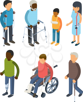Disabilities persons isometric. Injury invalids defective persons maggiore deaf care adults vector 3d peoples. Isometric people with wheelchair, person handicapped illustration