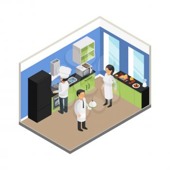 Restaurant kitchen. Commercial food business eating equipment chef tray dish stuff vector isometric. Illustration of chef restaurant on isometric kitchen