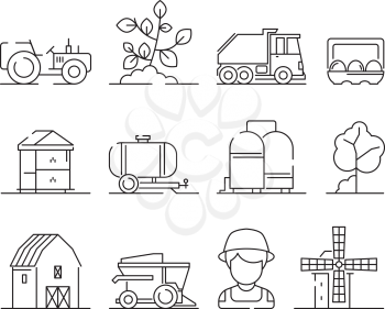 Agricultural icon. Industrial farming machine village nature field farm landscape and buildings vector symbols. Machine harvester and farmer, industrial agricultural building illustration