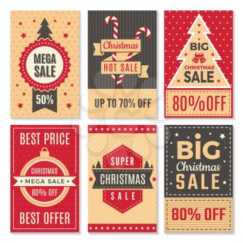 Christmas sale banners. New year special offers and discounts deals labels coupon vector template. Poster discount holiday, winter offer illustration
