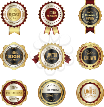 Golden labels badges. Premium service crown luxury best choice stamp templates vector design of colored logos. Stamp sticker guarantee, badge warranty, limited edition illustration