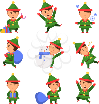 Christmas elf. Santa helpers dwarfs in action pose vector funny characters celebration persons kids. Illustration of xmas elf and helper santa with snowman or sack