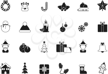 Christmas icons. Bells santa elf celebration gifts green tree candied december winter season items and vector symbols. Illustration of monochrome xmas candle and reindeer, snowman and christmas