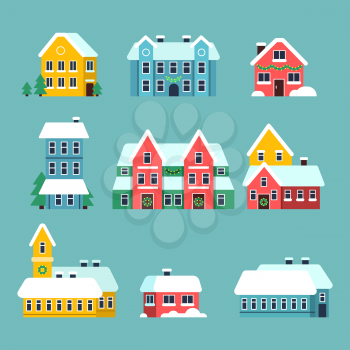 Winter houses. Urban xmas holidays snowy city snowflakes on the house roof vector cartoon set. Xmas house with snow, city urban decorated home illustration