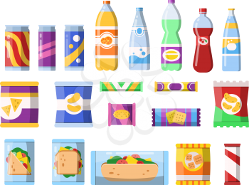 Snacks and drinks. Merchandising products fast food plastic containers water soda biscuits crisps bar chocolate vector flat pictures. Illustration of food sandwich, bottle beverage and snack