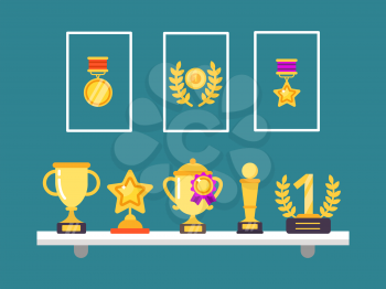 Achievements on shelves. Wall trophy golden cups and medals in frames for sport victory vector concept illustrations in flat style. Trophy award, cup competition, winner medal