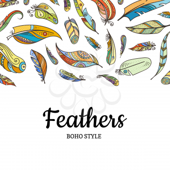 Vector boho doodle color feathers background illustration with placce for text banner