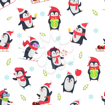 Pinguin seamless pattern. Cartoon textile design with vector illustration of winter snow wild cute animal in various action pose. Arctic penguin animal pattern seamless, snowboard and sleigh