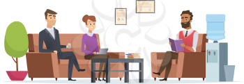 Business waiting room. People at office lobby modern interior sitting tea break reception vector characters. Illustration of people sitting in reception room, man and woman in lobby