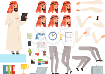 Arabic businessman animation. Creation kit with body parts and business tools vector constructor of muslim character. Illustration of man business arab, creation professional businessman