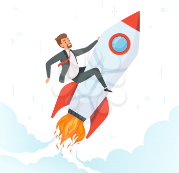Businessman on rocket. Concept of launch startup new project of dream fly people on shuttle business product idea vector character. Illustration of startup rocket project, businessman start