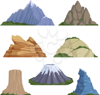 Cartoon mountains. Snow rockies summer terrain outdoor rock landscape vector background isolated. Illustration of mountain terrain, high mountainous