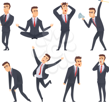 Businessman emotions. Angry kind sweet smiling happy satisfied different faces and poses of office managers vector characters. Illustration of businessman character angry and happy