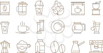 Coffe shop icon. Hot drinks tea and coffee time with cake food vector thin symbols isolated. Coffee drink and tea illustration