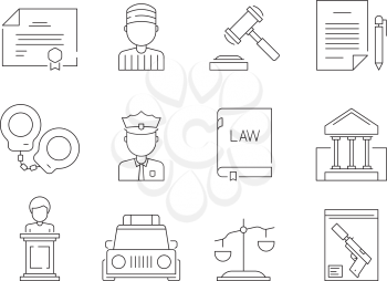 Law thin icon. Legal lawyer criminal judgement sheriff and police justice punishment vector symbols isolated. Illustration of legal and justice, judge and court