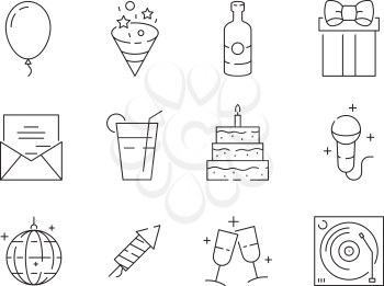 Party thin icons. Event celebration birthday fun entertainment party balls and cakes vector linear symbols isolated. Illustration of party entertainment, cake and drink icons