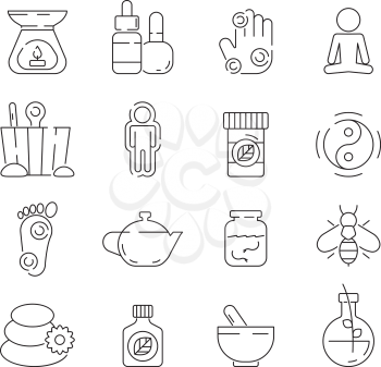 Alternative medicine icon. Beauty complementary naturopath herbal therapy relaxation meditation vector thin symbols. Therapy spa, herbal for healthy, medical naturopathy illustration
