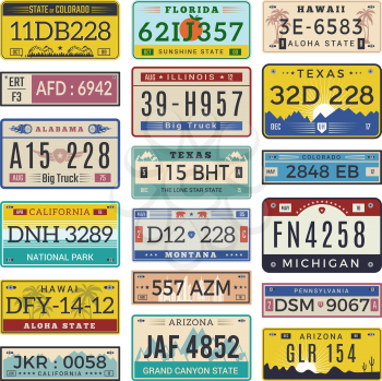 Car license plates. Automobile registration numbers vector template letters. Illustration of auto plate number, registration transport