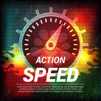 Speed poster. Abstract driving concept sport placard speedometer fuel indicator vector template. Illustration of speedometer dashboard, indicator speed car