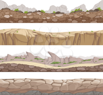 Stone road seamless. Rocky game backgrounds with various types of stones vector cartoon collection. Game road landscape, rock interface horizontal illustration
