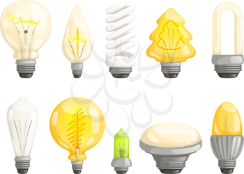 Modern bulbs collection. Idea lamp lighting cartoon vector pictures colorful set. Illustration of idea lamp, bulb light collection