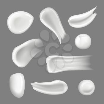 Skin creams drops. Creamy splashes and smear moisturizer natural cosmetic for women vector realistic collection. Illustration of smear cream for skin, liquid cosmetic and makeup facial