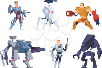 Robots warriors. Characters in exoskeleton brutal future soldiers technology android with guns vector cartoon mascot. Armor cyborg and robotic character illustration
