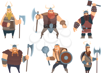 Viking characters. Medieval norwegian warriors military people vector cartoon mascots. Illustration of scandinavian warrior, medieval viking