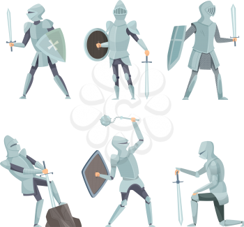 Cartoon knights. Medieval warrior on horse vector cartoon characters in action poses. Warrior knight soldier in different pose figure illustration