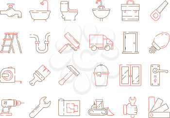 Construction equipment icon. Building home repair support service brickwork builder items vector collection. Equipment for repair and construction, hammer dril and spatula illustration