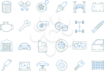 Car service symbols. Automotive tools parts car mechanic details engine gearbox vector thin line icon collection. Auto mechanic, car service, automotive tool illustration