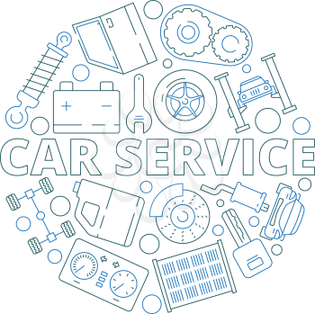 Car service background. Mechanical automobile parts in circle shape starter engine gear garage vector thin symbols Illustration of automobile service badge with icons tools and spare part